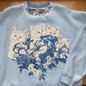 Vintage 1991 Funny Winter Theme Cat Flower Mock Neck Sweatshirt Variety Medium